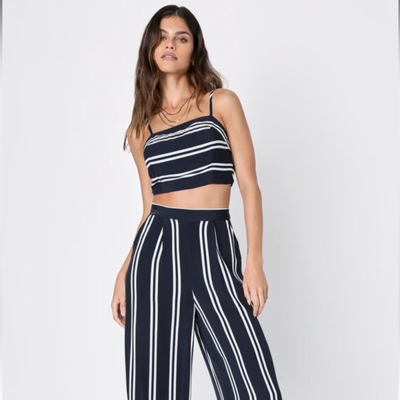 Lulus Pants - Coastal Living Navy Blue and White Striped Two Piece Jumpsuit